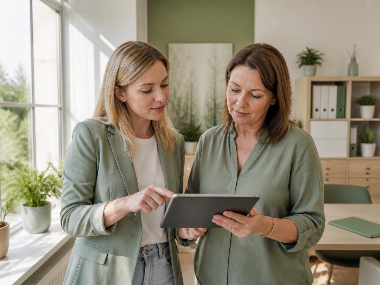 Zwei Koordinatorinnen eines Pflegedienstes schauen gemeinsam auf ein Tablet