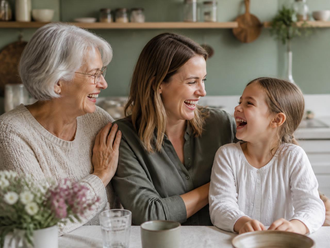 Großmutter, Tochter und Enkelin lachen gemeinsam am Küchentisch