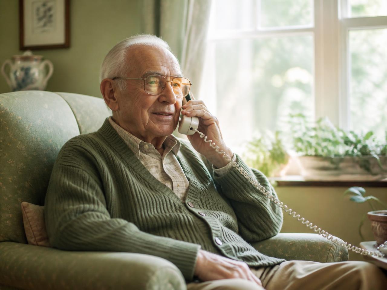 Älterer Mann telefoniert entspannt in seinem Wohnzimmer
